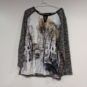 Claire France Graphic Long Sleeve Knit Top Black White Size 2X